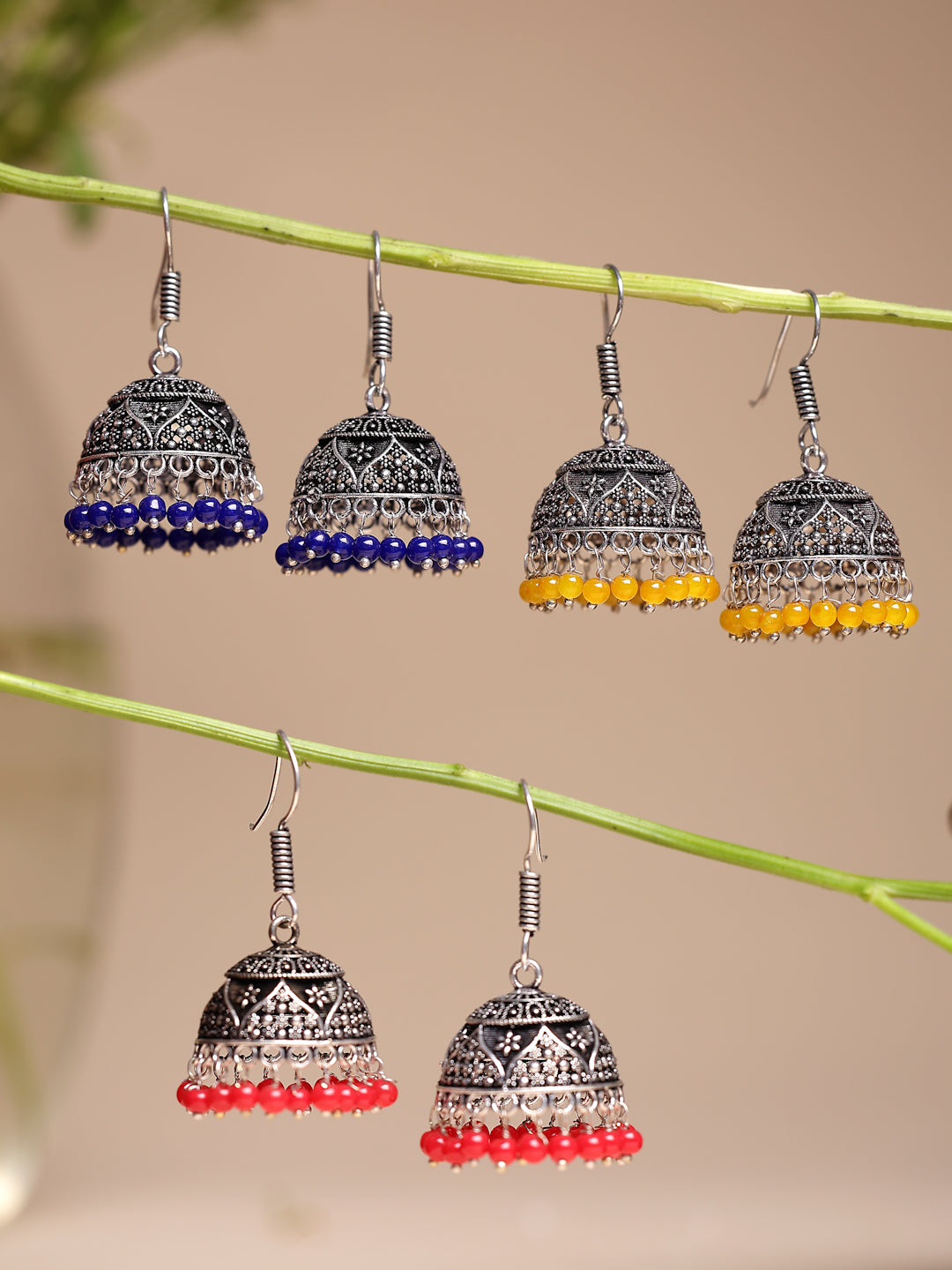 NVR Women's Pair of 3 Oxidized Silver Plated Multicolor Artificial Beads Jhumka Earrings - Distacart