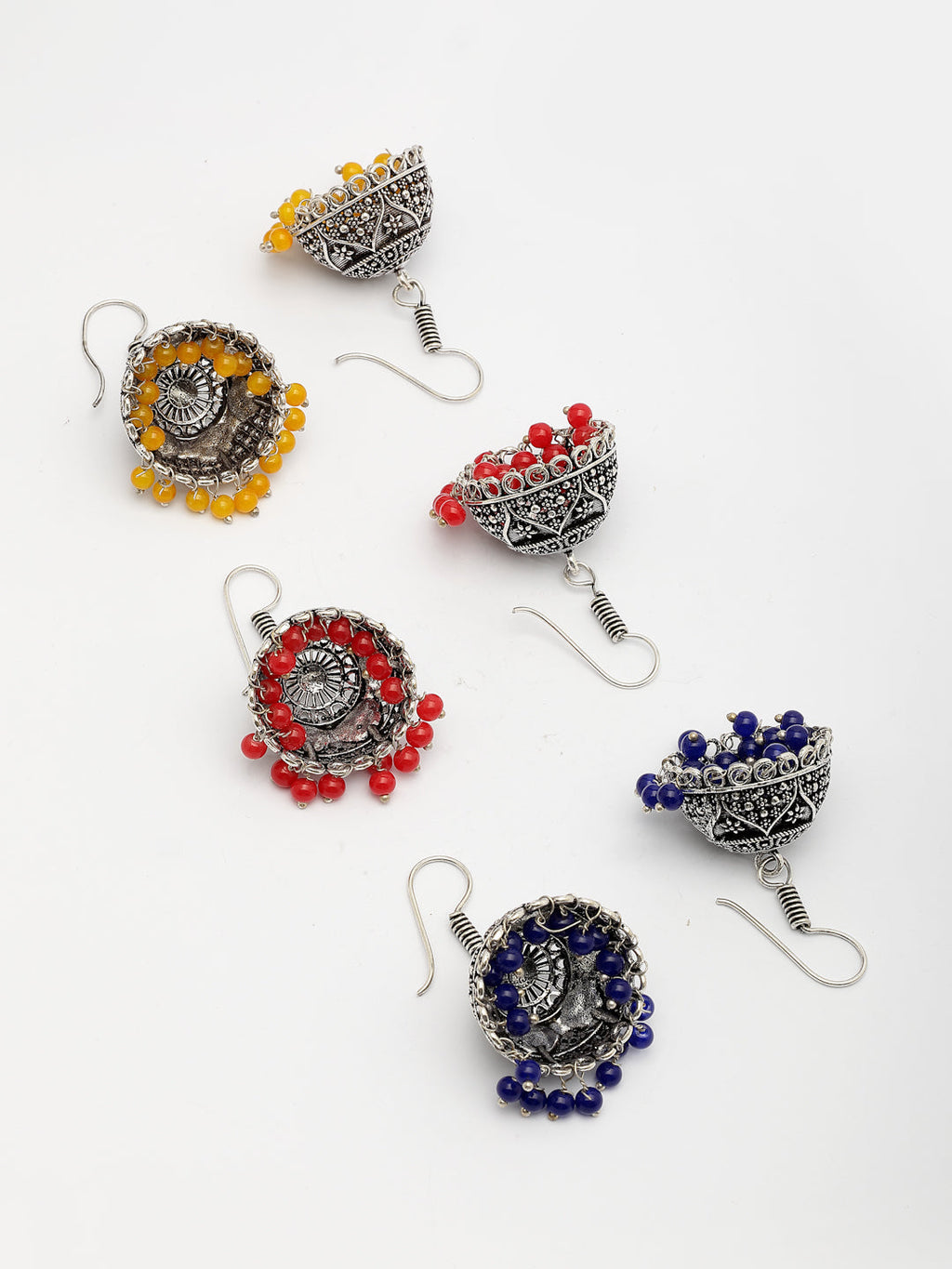 NVR Women's Pair of 3 Oxidized Silver Plated Multicolor Artificial Beads Jhumka Earrings - Distacart
