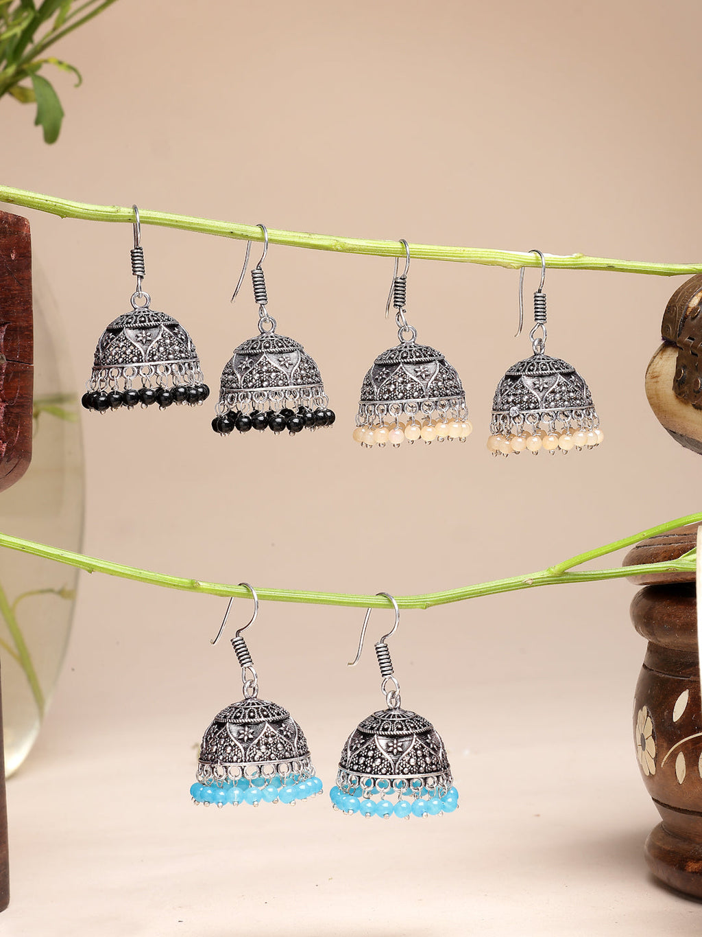 NVR Women Pair of 3 Multicolor Artificial Beads Oxidized Silver Plated Jhumka Earrings - Distacart