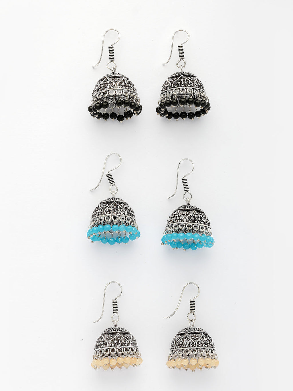 NVR Women Pair of 3 Multicolor Artificial Beads Oxidized Silver Plated Jhumka Earrings - Distacart