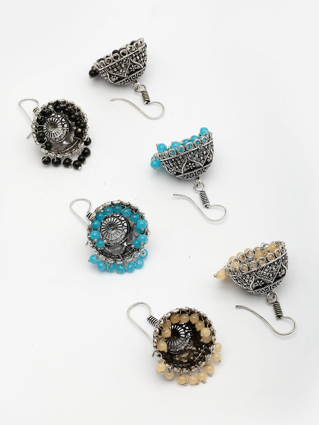 NVR Women Pair of 3 Multicolor Artificial Beads Oxidized Silver Plated Jhumka Earrings - Distacart