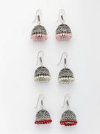 NVR Women Pair of 3 Oxidized Silver Plated Multicolor Artificial Beads Jhumka Earrings - Distacart