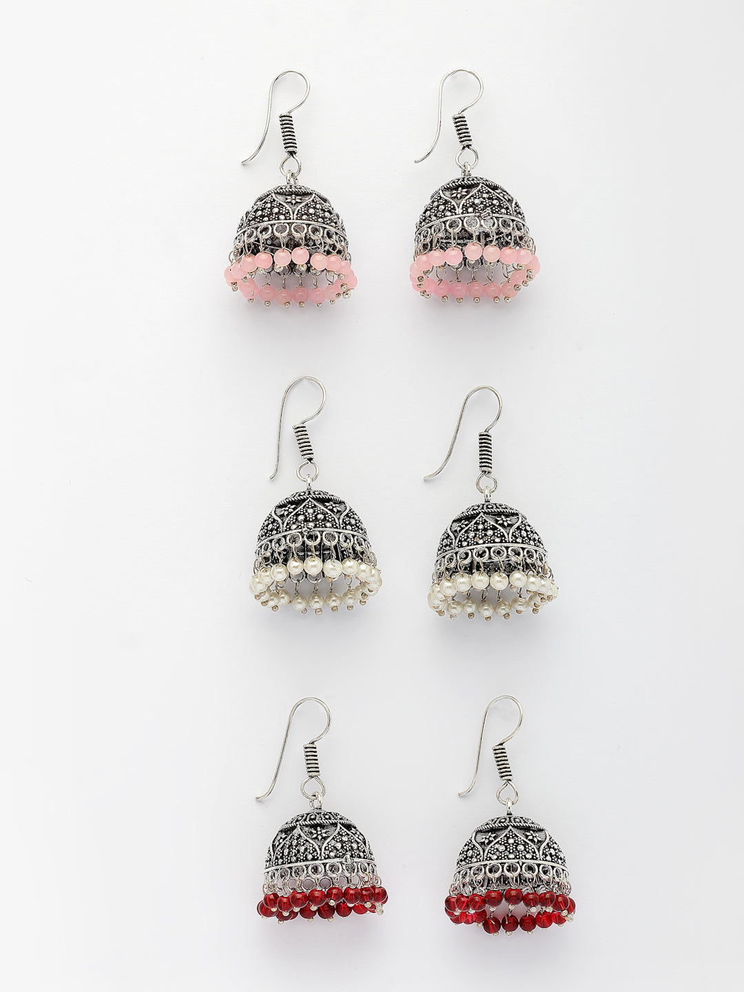 NVR Women Pair of 3 Oxidized Silver Plated Multicolor Artificial Beads Jhumka Earrings - Distacart