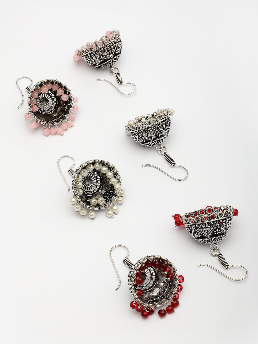 NVR Women Pair of 3 Oxidized Silver Plated Multicolor Artificial Beads Jhumka Earrings - Distacart