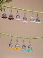 NVR Women's Pair of 5 Oxidized Silver Plated Multicolor Artificial Beads Jhumka Earrings - Distacart