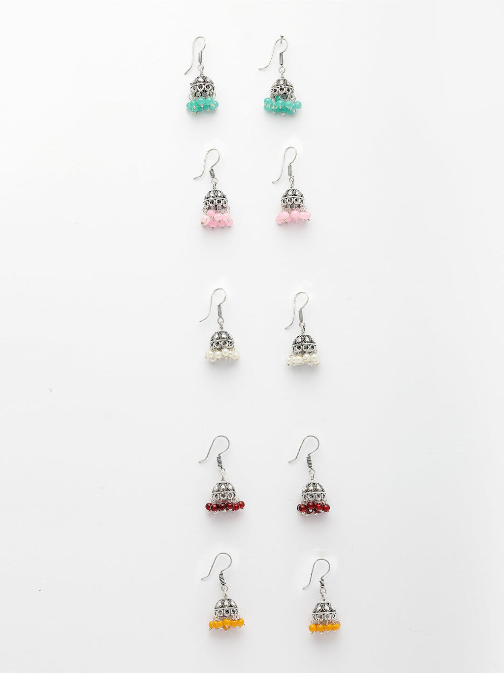 NVR Women's Pair of 5 Oxidized Silver Plated Multicolor Artificial Beads Jhumka Earrings - Distacart