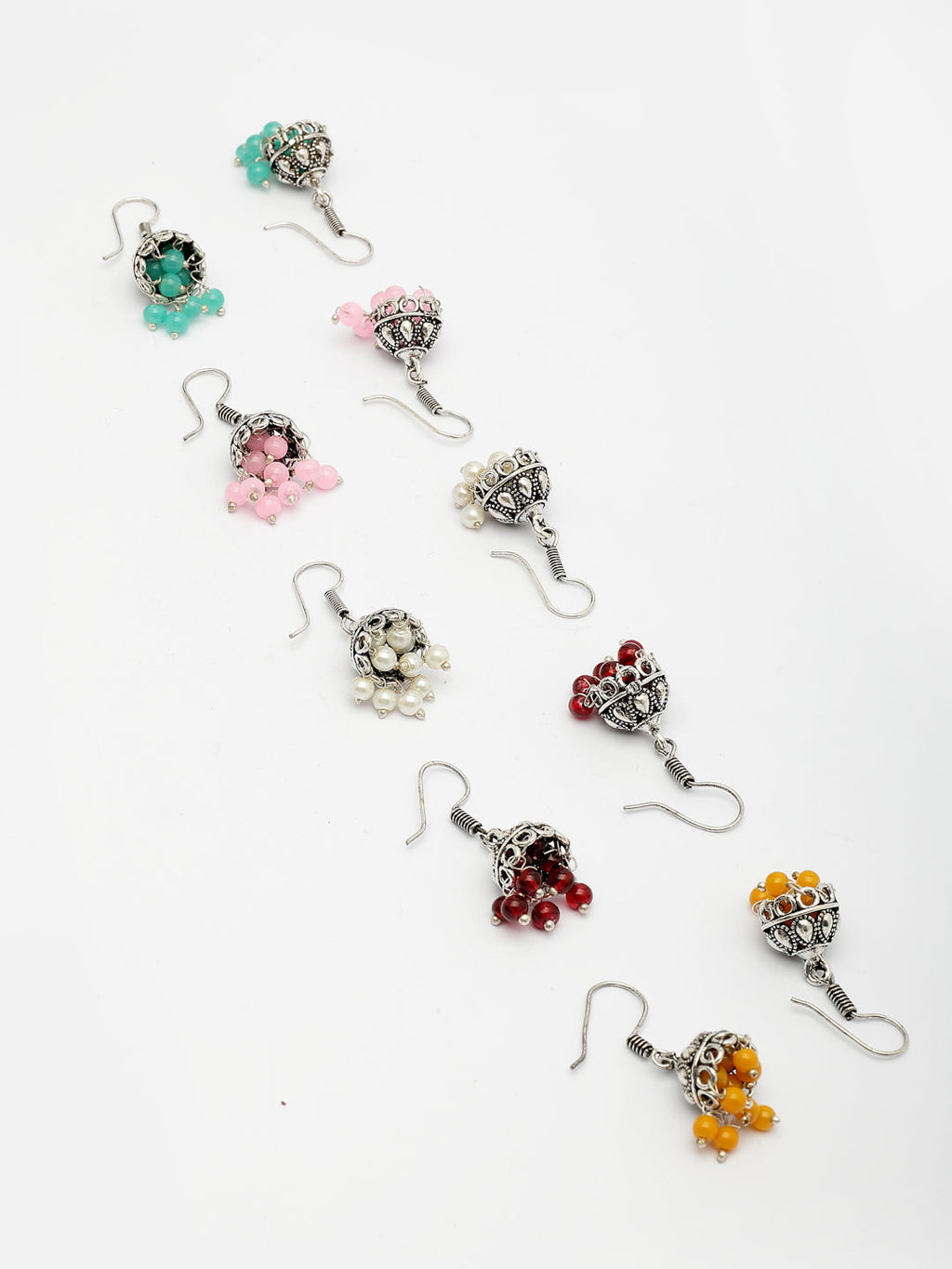 NVR Women's Pair of 5 Oxidized Silver Plated Multicolor Artificial Beads Jhumka Earrings - Distacart