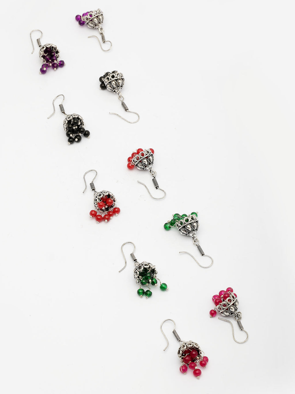 NVR Women Pair of 5 Oxidized Silver Plated Multicolor Artificial Beads Jhumka Earrings - Distacart