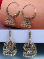 NVR Women Set of 2 Gold-Polished Oxidized Contemporary Jhumka Earrings - Distacart