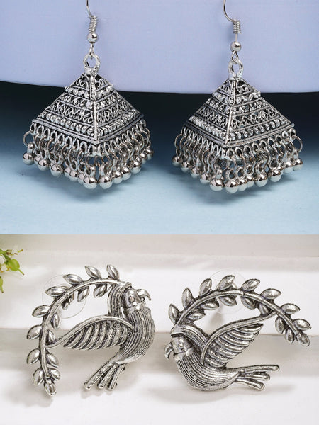 NVR Women Silver Toned Oxidized Set of 2 Jhumka & Drop Earrings