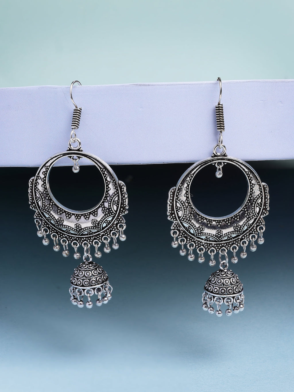 NVR Women's Set of 2 Silver Plated Oxidized Contemporary Jhumka Earrings - Distacart