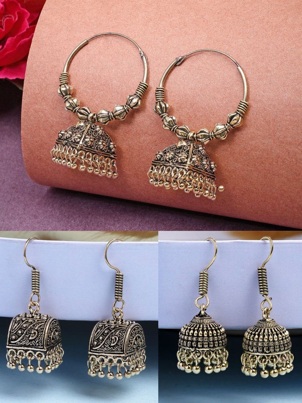 NVR Women Set of 3 Gold-Polished Oxidized Contemporary Jhumka Earrings - Distacart