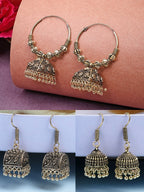 NVR Women Set of 3 Gold-Polished Oxidized Contemporary Jhumka Earrings - Distacart
