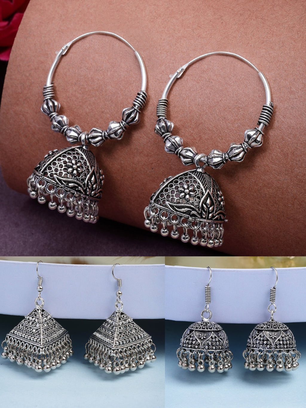 NVR Women's Set of 3 Silver Plated Oxidized Contemporary Jhumka Earrings - Distacart