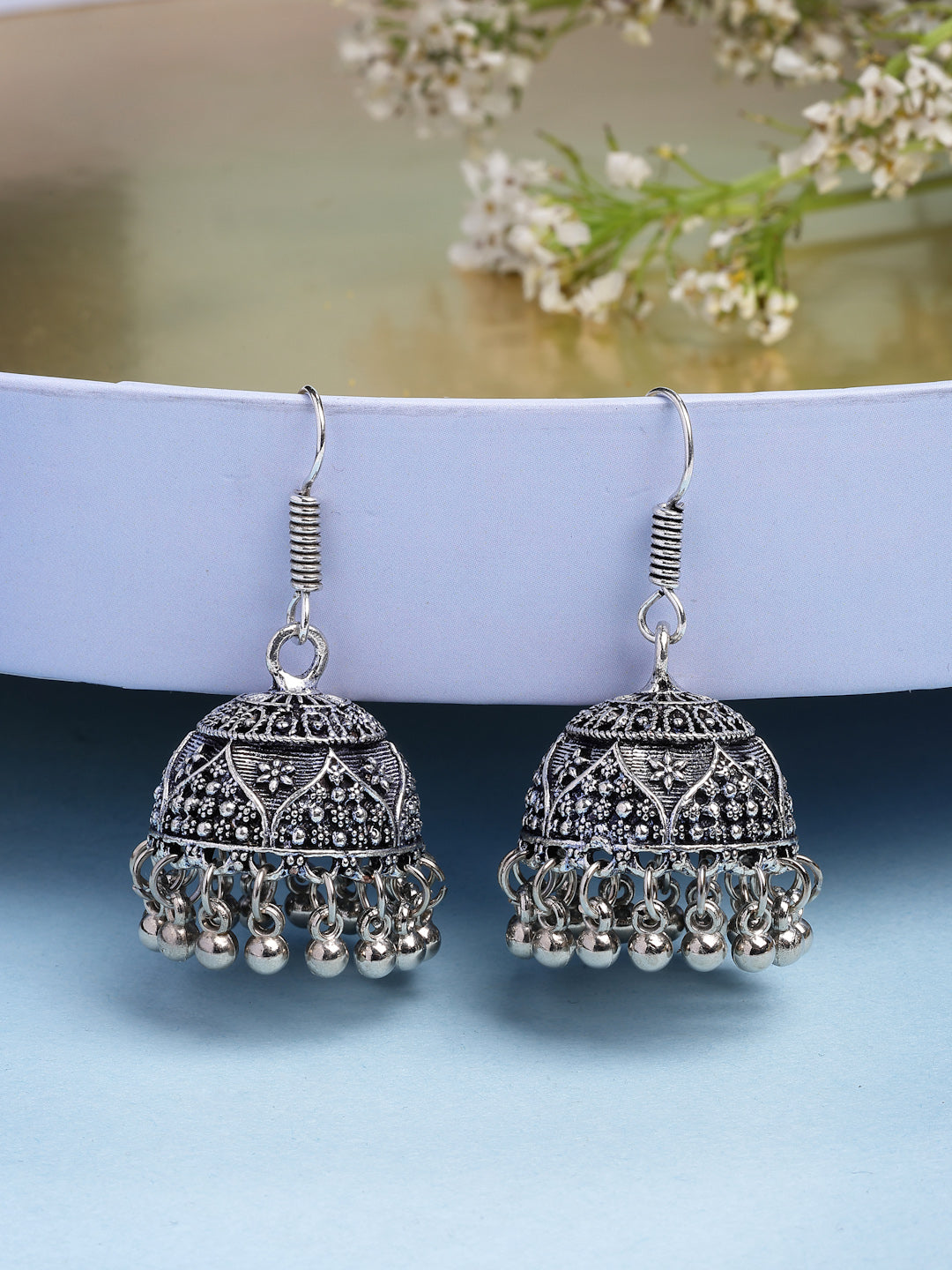 NVR Women's Set of 3 Silver Plated Oxidized Contemporary Jhumka Earrings - Distacart