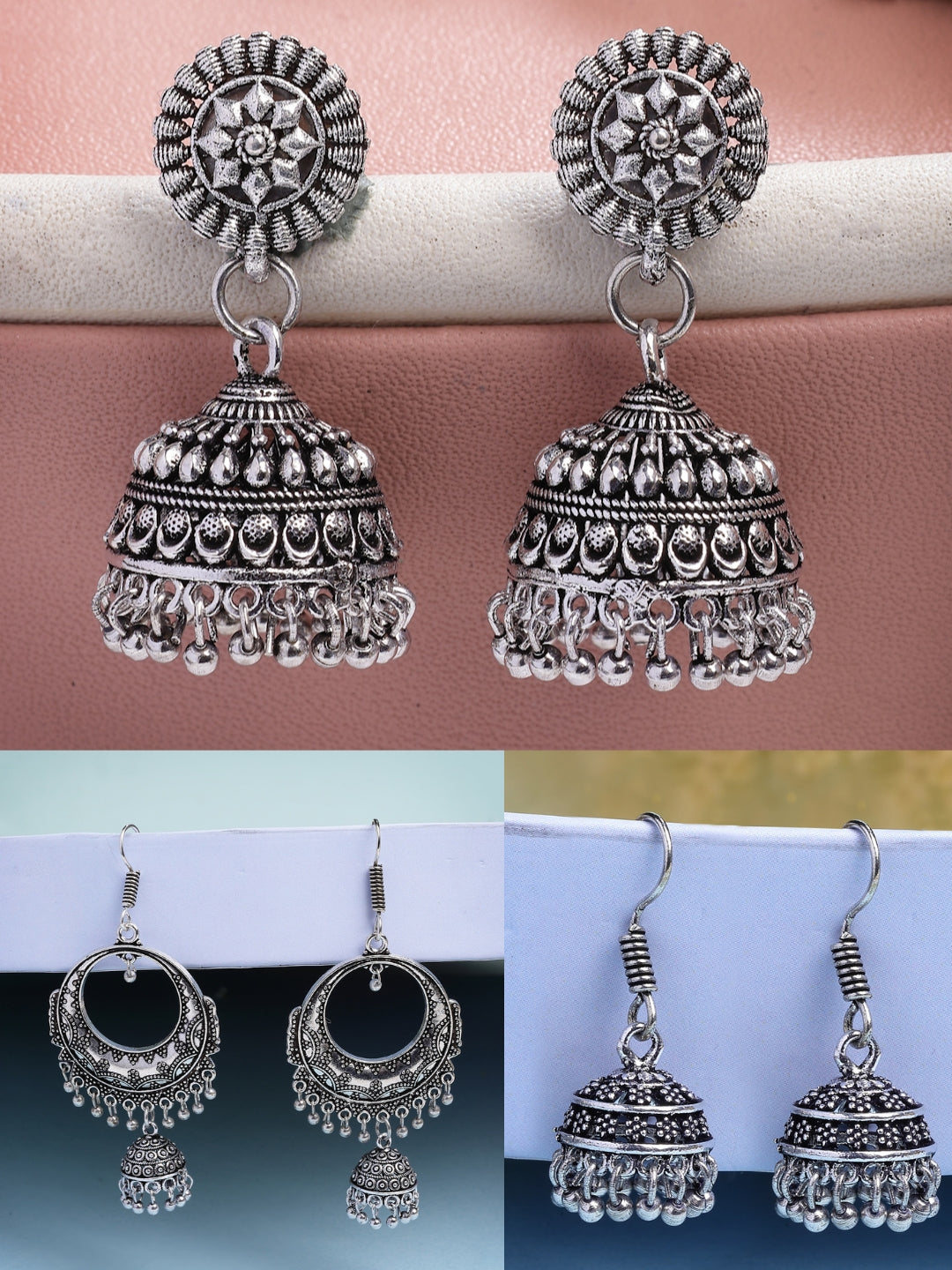 NVR Women Set of 3 Silver Plated Oxidized Traditional Jhumka Earrings - Distacart