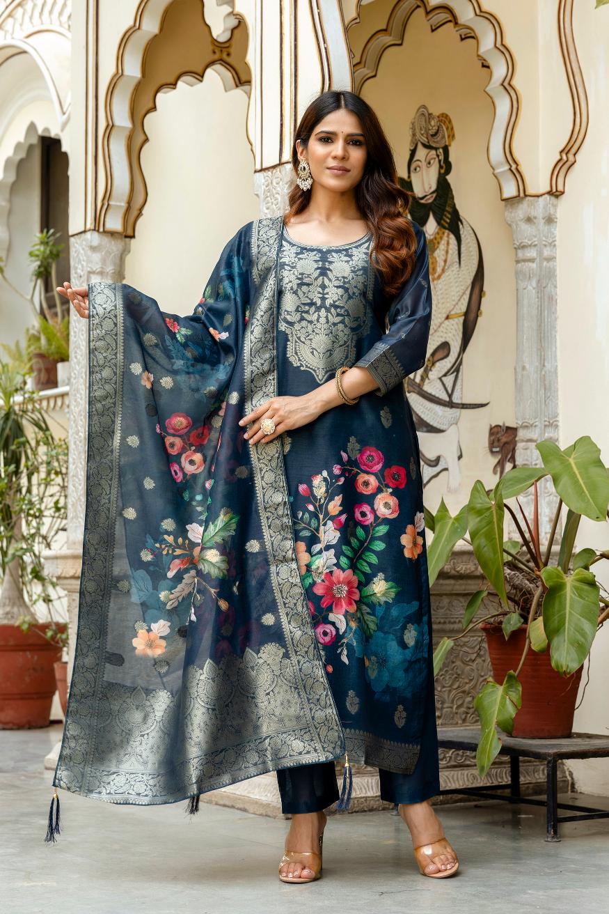The52 Women Gorgeous Chanderi Cotton Fabric Straight Kurta, Pant and Dupatta Set - Distacart