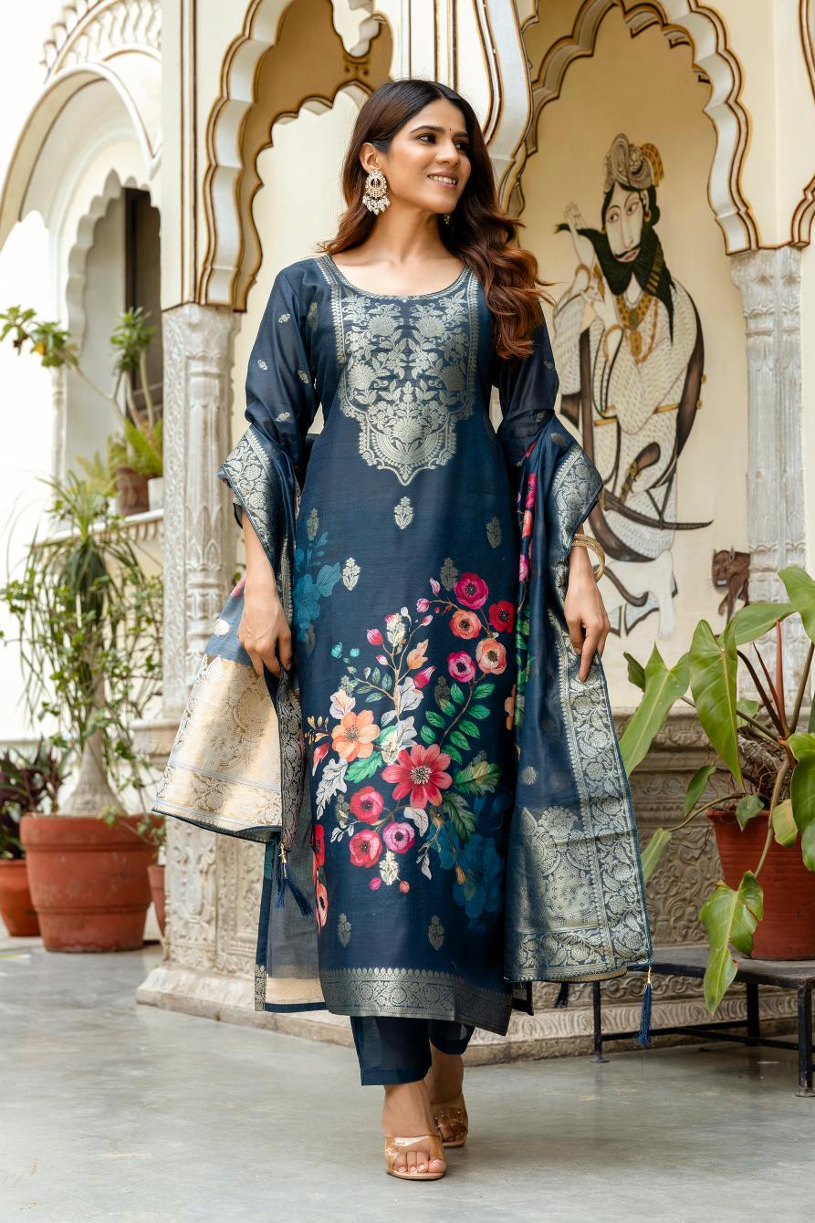 The52 Women Gorgeous Chanderi Cotton Fabric Straight Kurta, Pant and Dupatta Set - Distacart