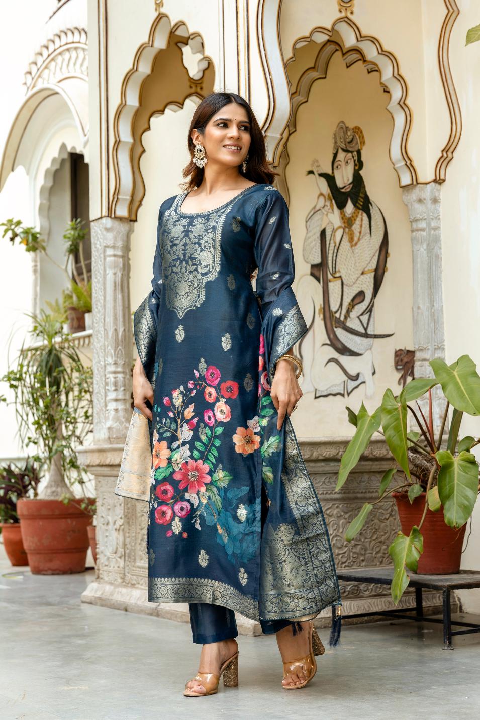 The52 Women Gorgeous Chanderi Cotton Fabric Straight Kurta, Pant and Dupatta Set - Distacart