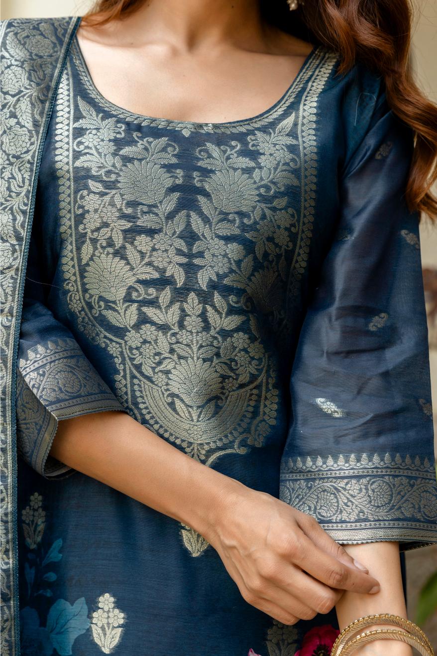 The52 Women Gorgeous Chanderi Cotton Fabric Straight Kurta, Pant and Dupatta Set - Distacart