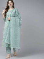 Yufta Women Green Bandhani Print Gotta Patti Pure Cotton Kurta with Palazzo and Dupatta