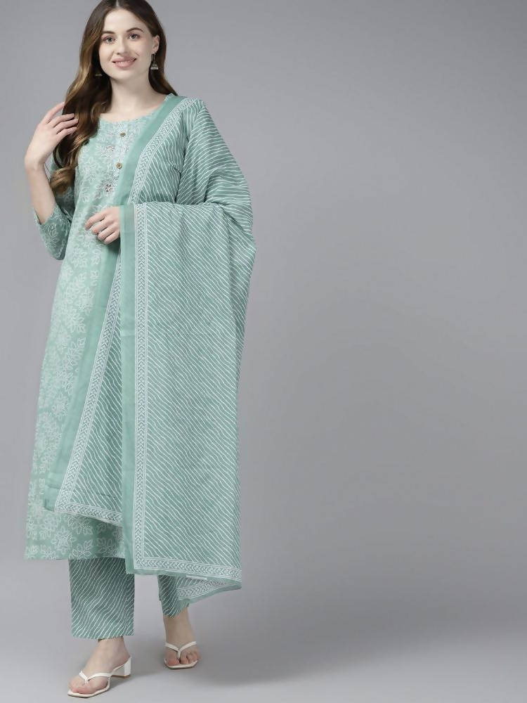 Yufta Women Green Bandhani Print Gotta Patti Pure Cotton Kurta with Palazzo and Dupatta