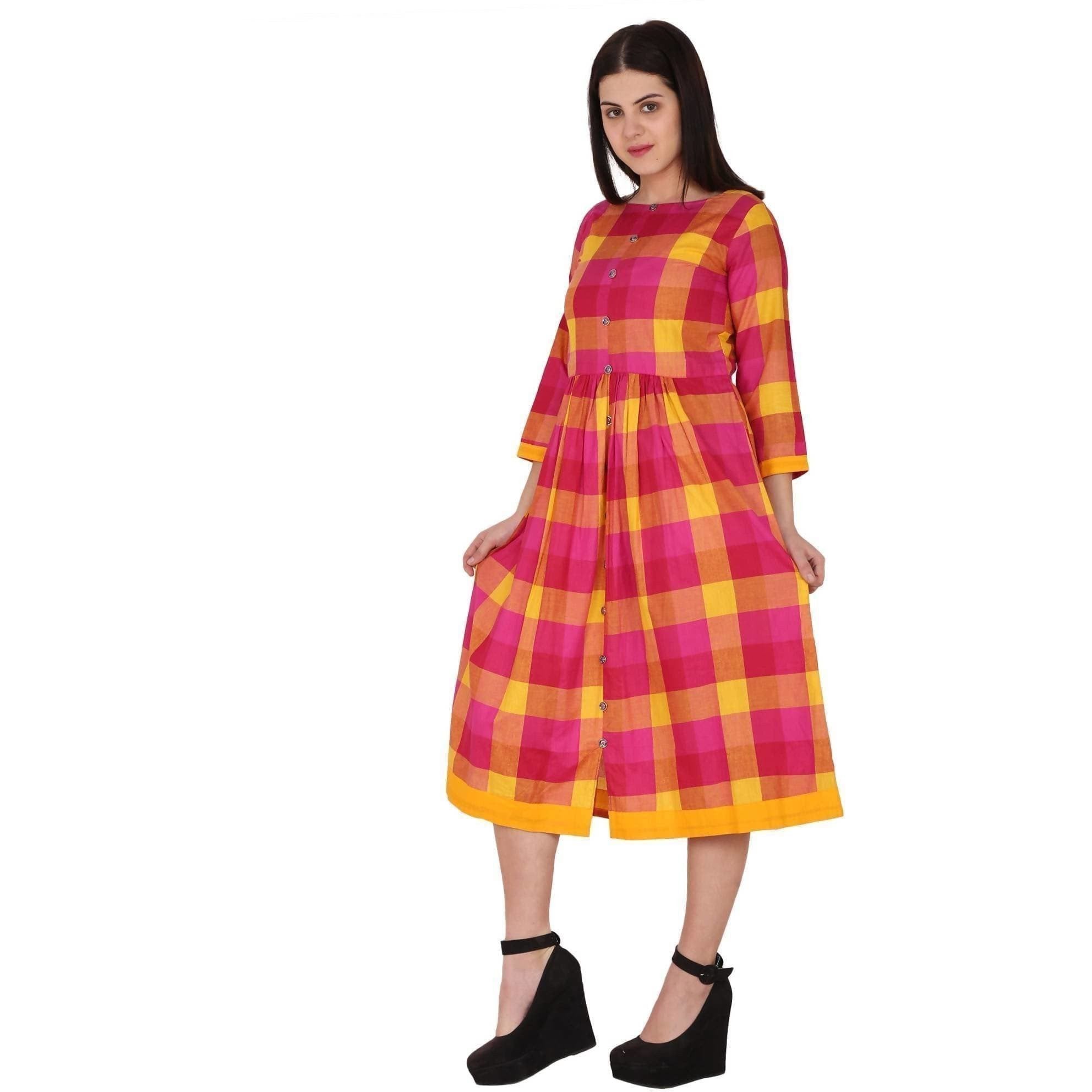 Kanoor Women's Pink and Yellow Rayon Frock Style Kurti