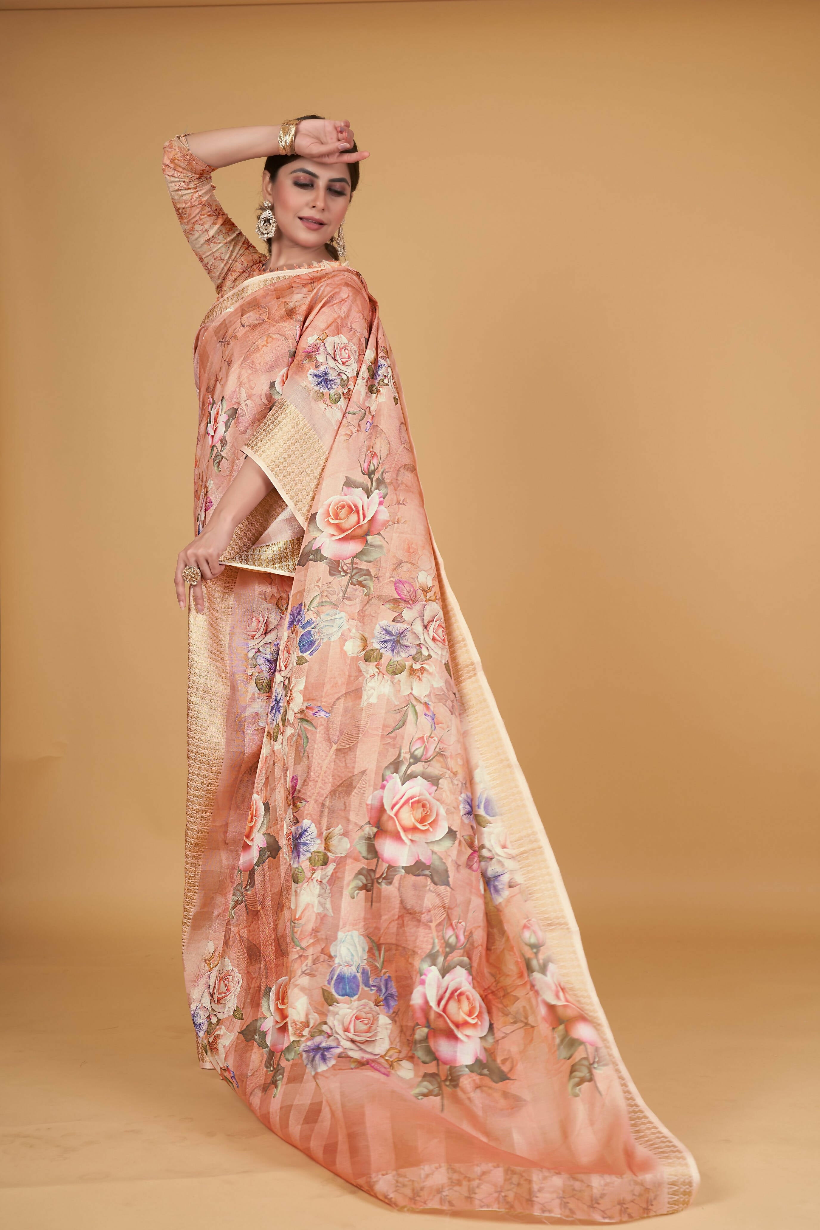 Orange Cotton Silk Digital Printed Saree With Unstitched Blouse Piece - Alisha