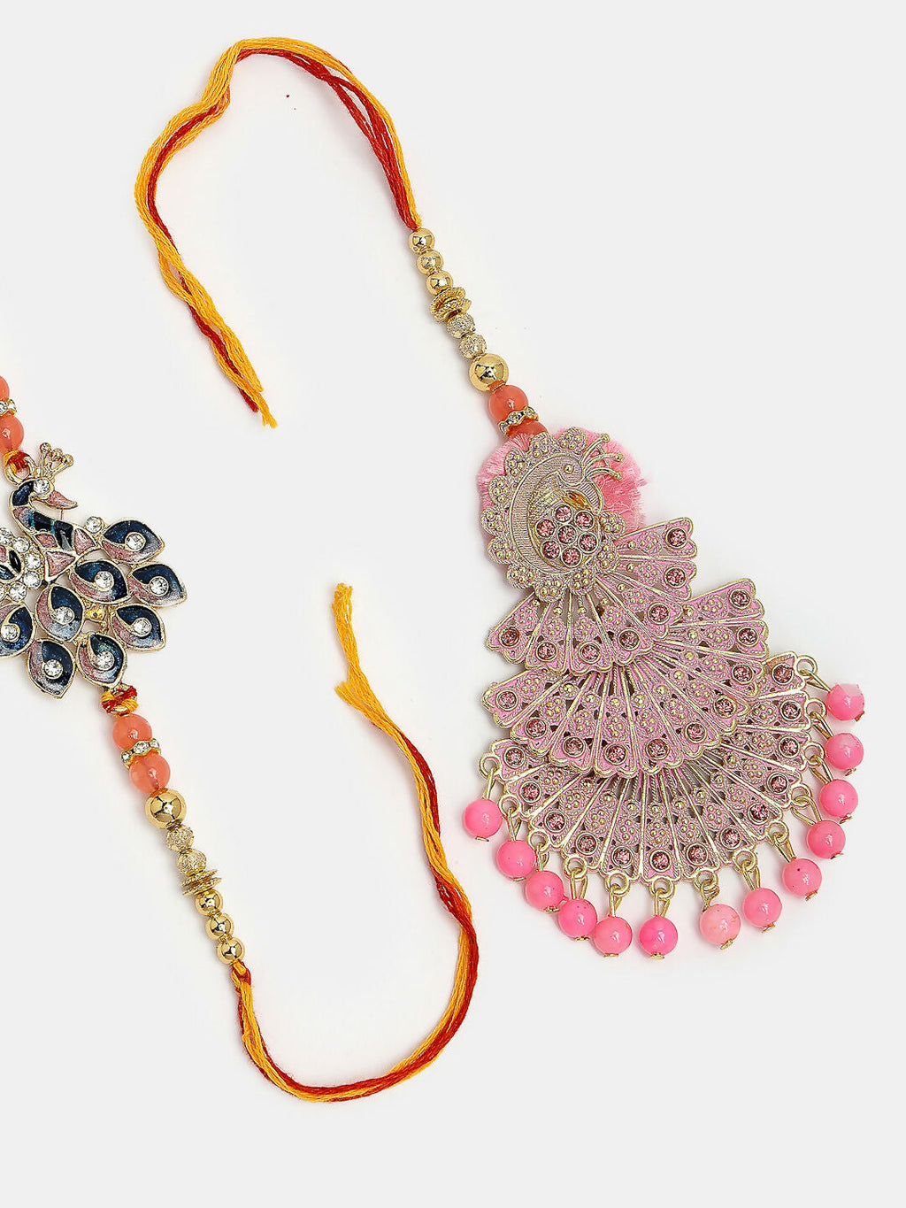 NVR Women & Men Set of 2 Multicolor Peacock Design Stone-Studded & Beaded Bhaiya Bhabhi Rakhi With Roli Chawal & Chocolate - Distacart