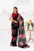 Vastranavya Black Floral Print with Lace Border work Chiffon Saree & Unstitched Blouse - Distacart
