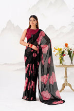 Vastranavya Black Floral Print with Lace Border work Chiffon Saree & Unstitched Blouse - Distacart