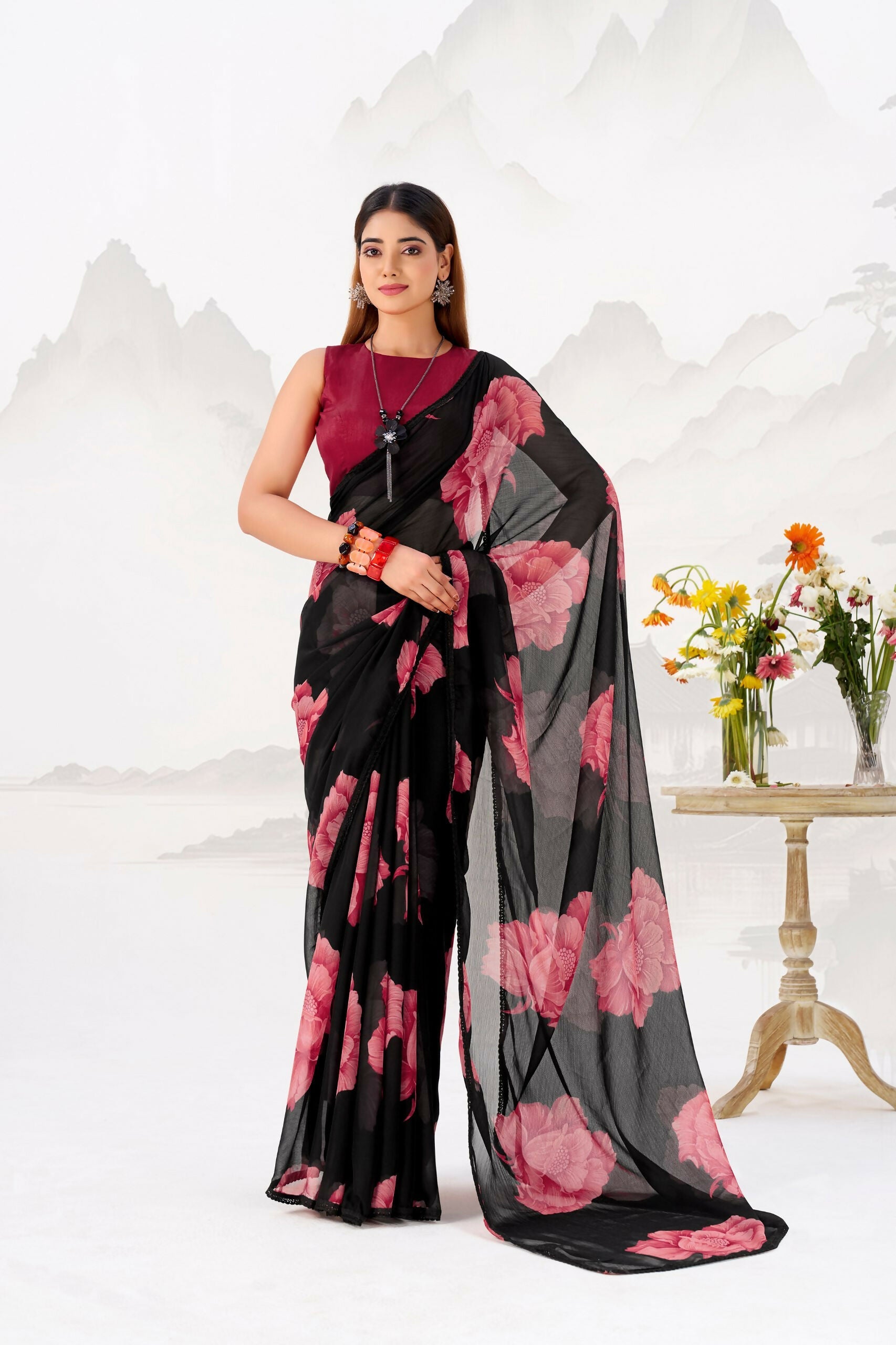 Vastranavya Black Floral Print with Lace Border work Chiffon Saree & Unstitched Blouse - Distacart