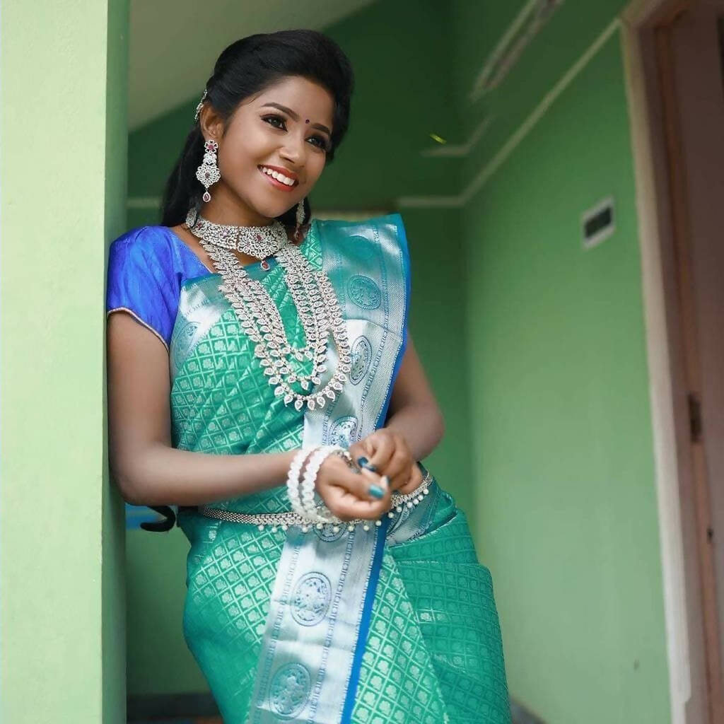 DEIANA'S Beautiful Designer Golden zari Soft Lichi Silk Saree - Sky