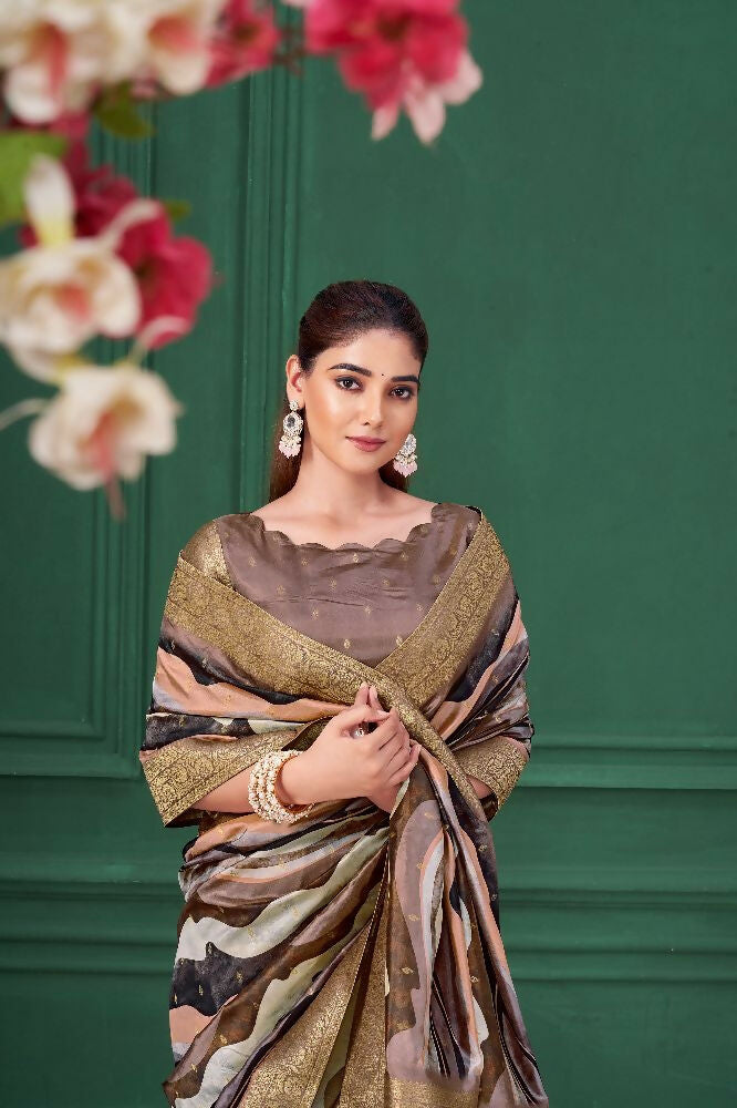 Lilac Purple Tussar Silk Jacquard Abstract Digital Print Saree with Unstitched Blouse - Mohira
