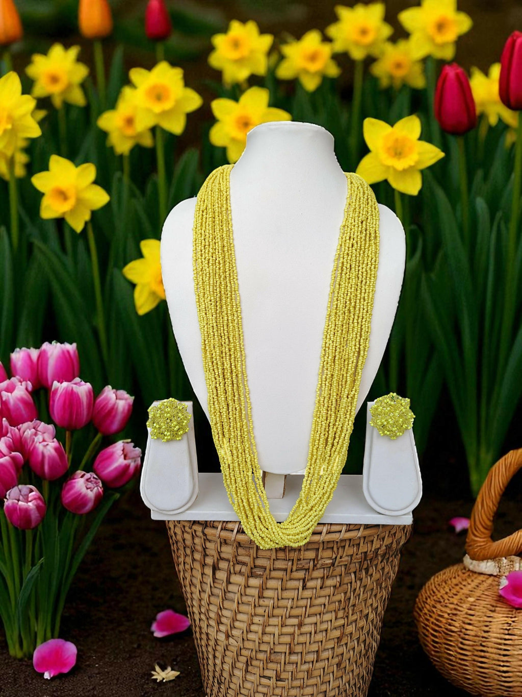 Inhanns Rangsaaz 20-Layer Luxe Long Beaded Necklace (With Optional Statement Earrings) - Lemon Yellow With Earring