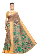 Vamika Orange Linen Digital Print with Satin Border Floral Saree