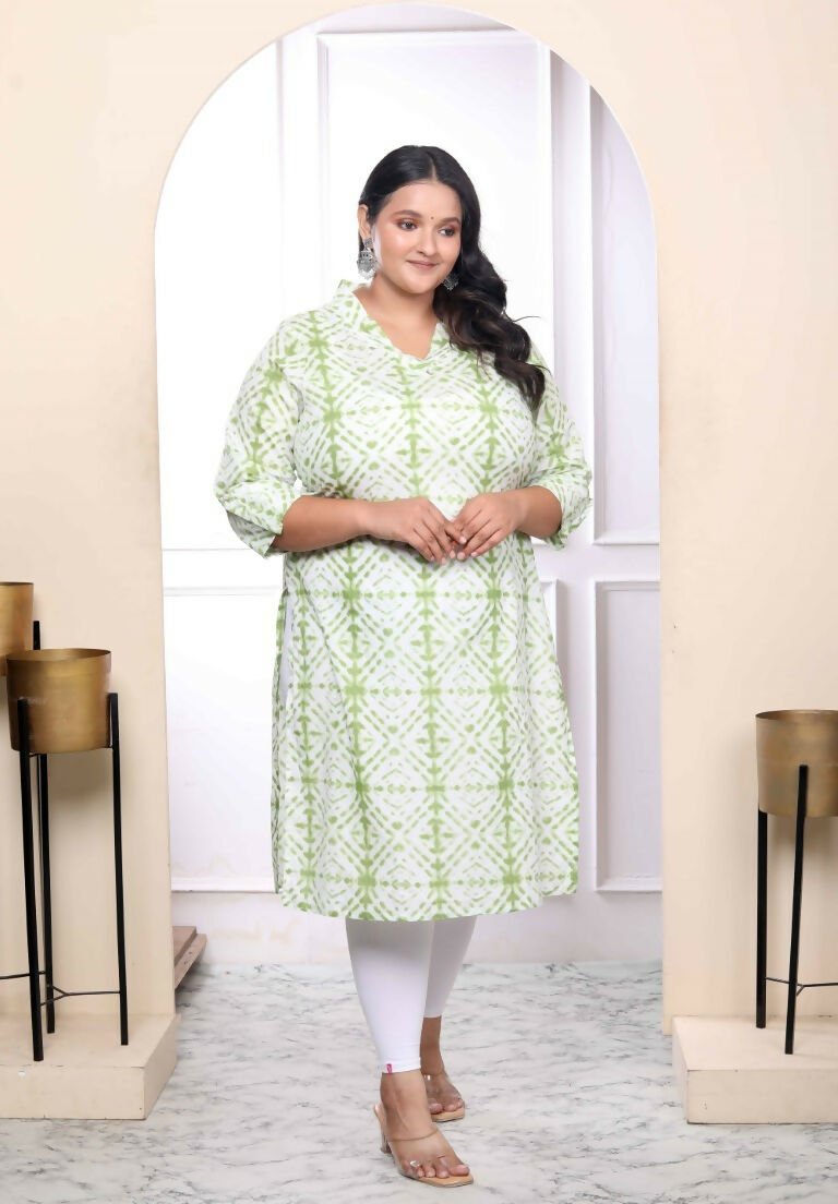Miravan Women's Plus Size White And Green Tie Dye Cotton Kurti