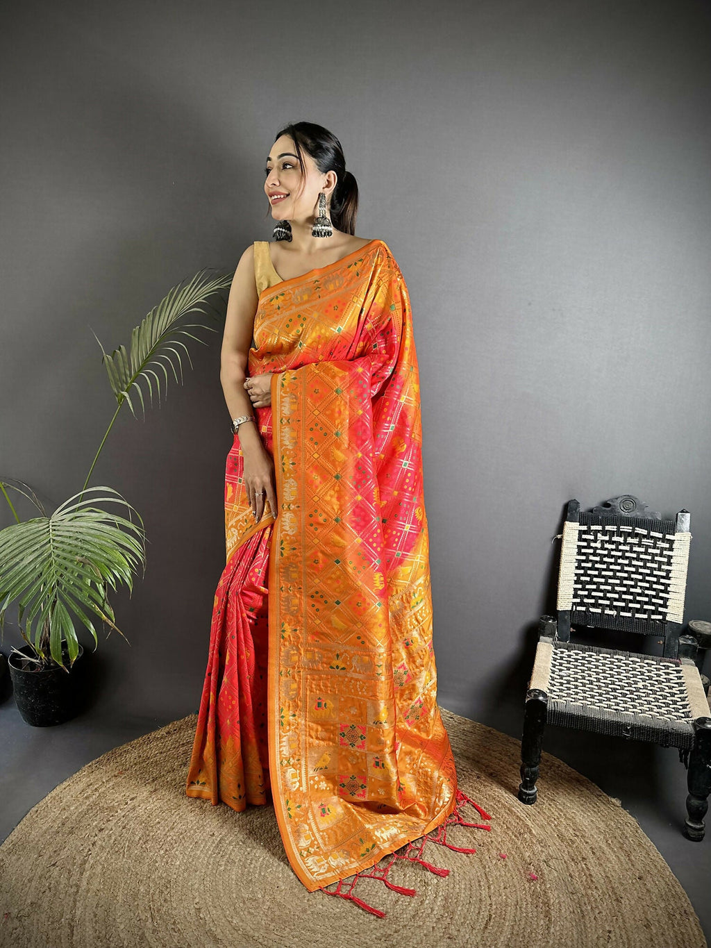 Joban Fashion Pastel Orange Geometric Pattern Soft Silk Patola Saree - Distacart