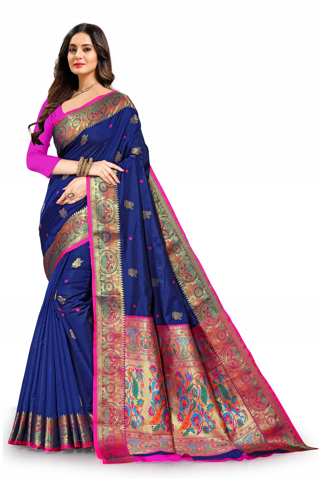 Vedant Vastram Soft Litchi Silk Paithani Silk Saree - Navy