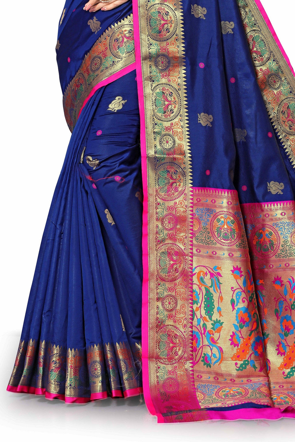 Vedant Vastram Soft Litchi Silk Paithani Silk Saree - Navy
