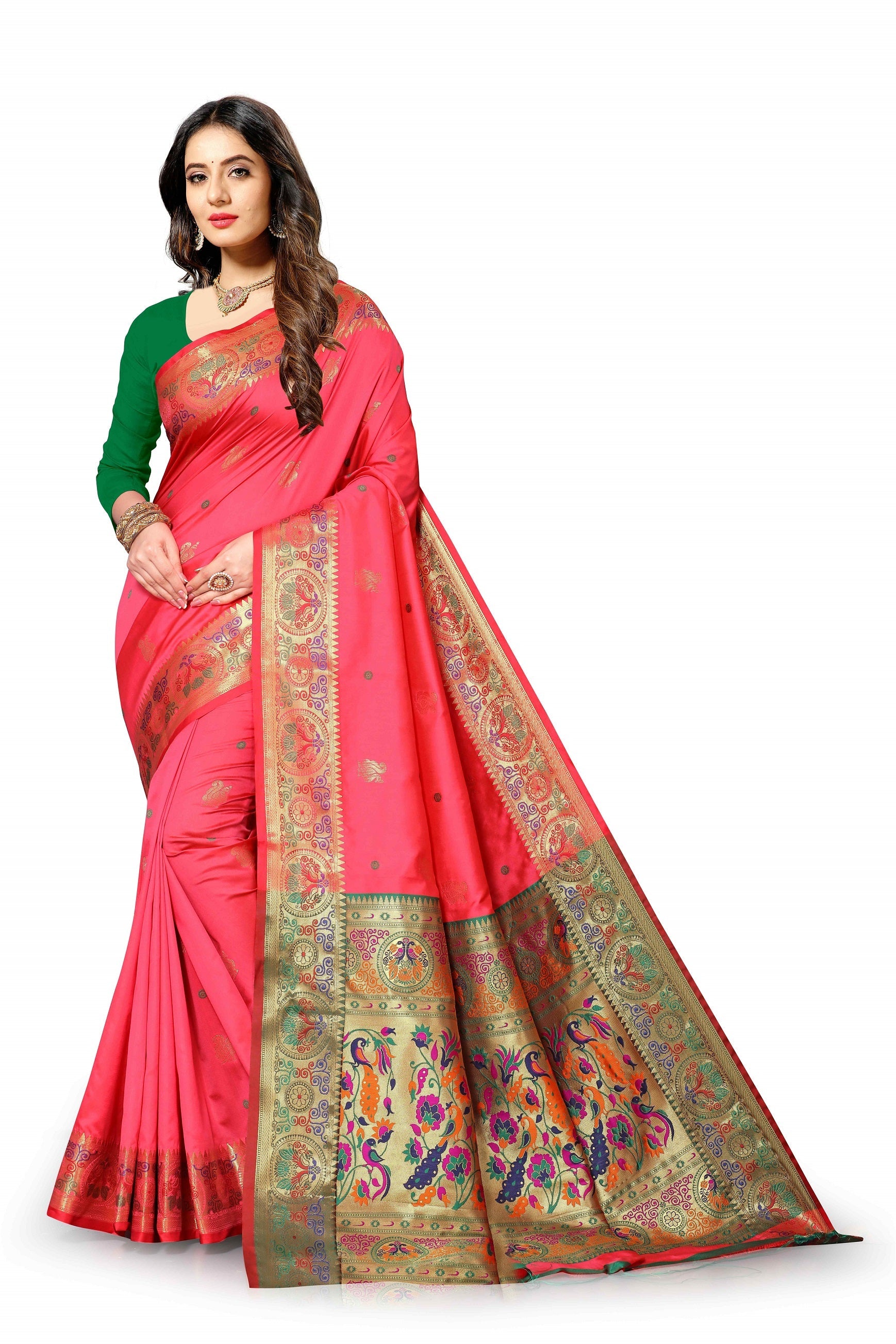 Vedant Vastram Soft Litchi Silk Paithani Silk Saree - Peach