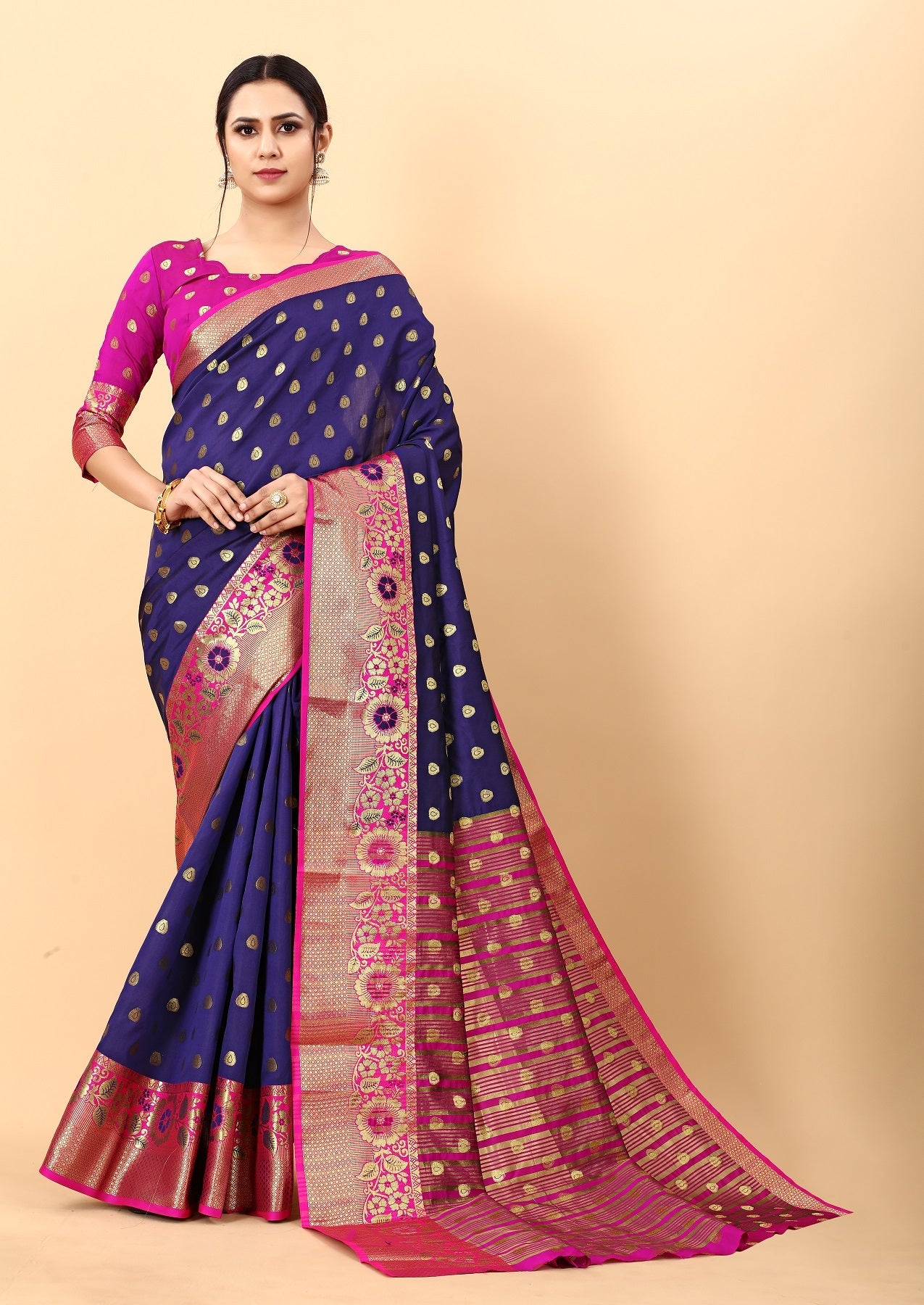 Vedant Vastram Soft Litchi Silk Kanjeevaram Saree - Navy