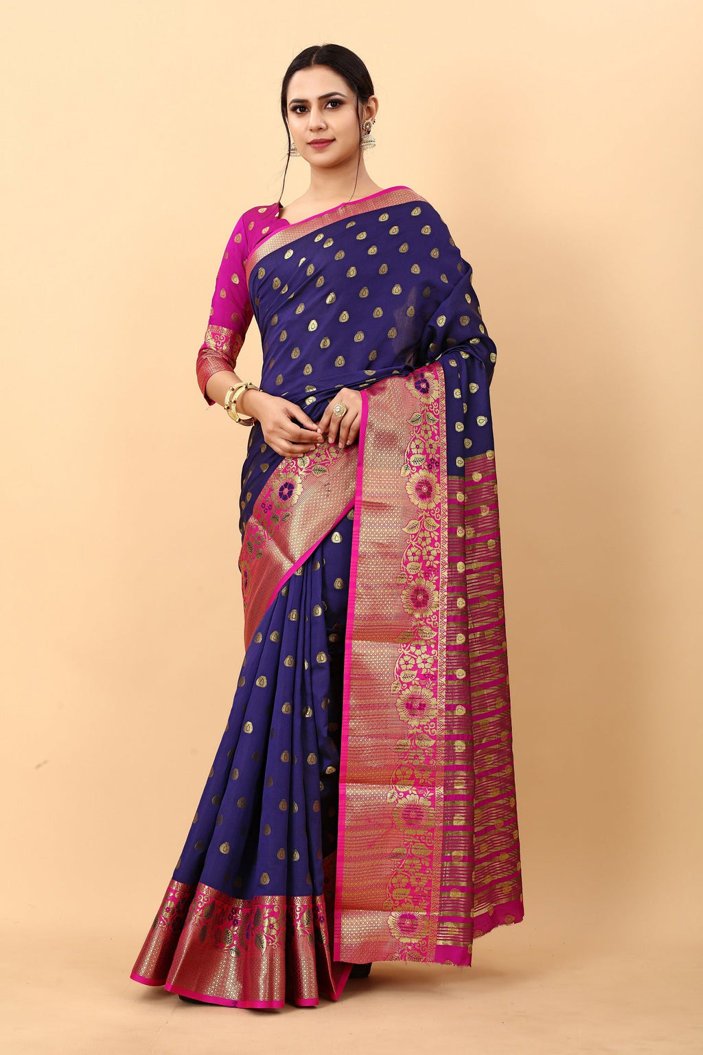 Vedant Vastram Soft Litchi Silk Kanjeevaram Saree - Navy