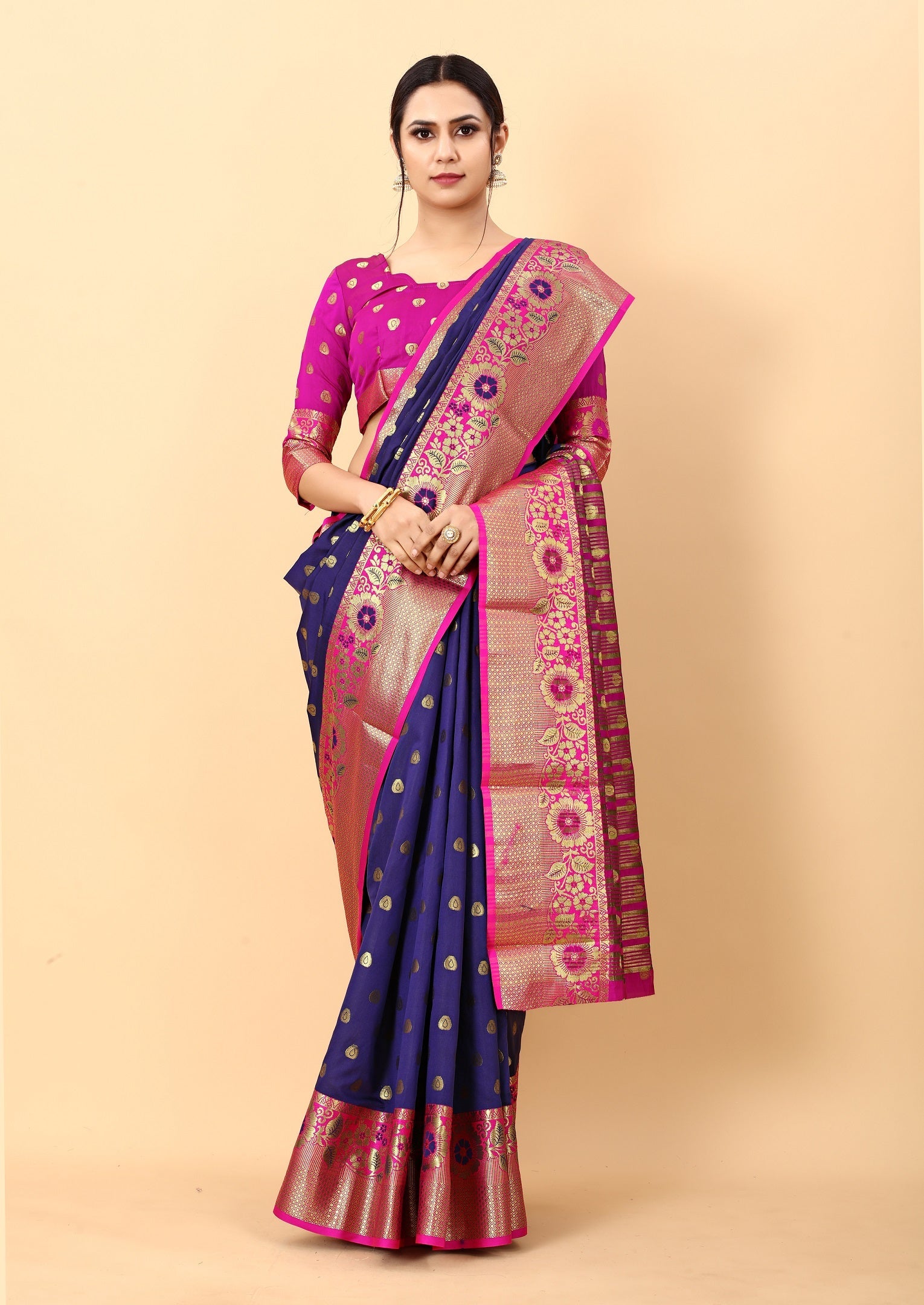 Vedant Vastram Soft Litchi Silk Kanjeevaram Saree - Navy