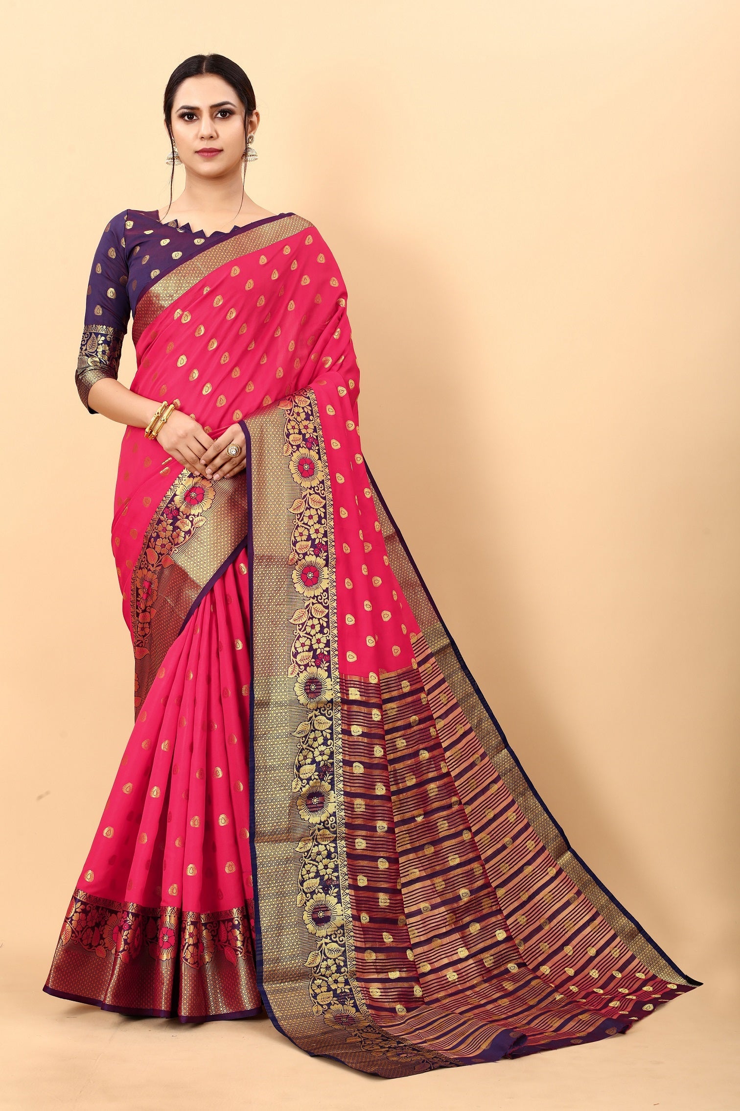 Vedant Vastram Soft Litchi Silk Kanjeevaram Saree - Pink
