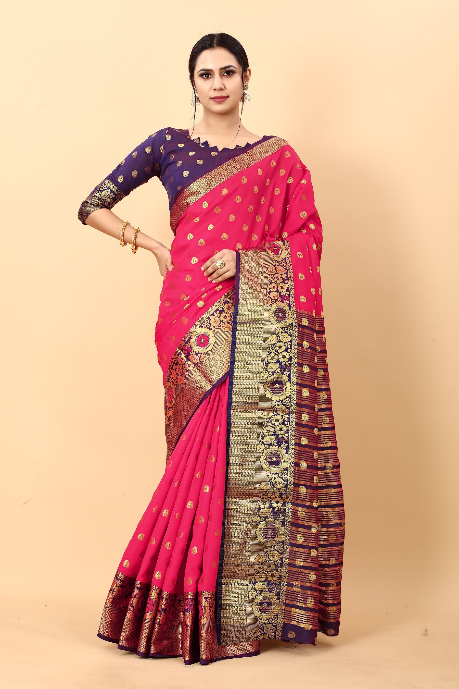 Vedant Vastram Soft Litchi Silk Kanjeevaram Saree - Pink