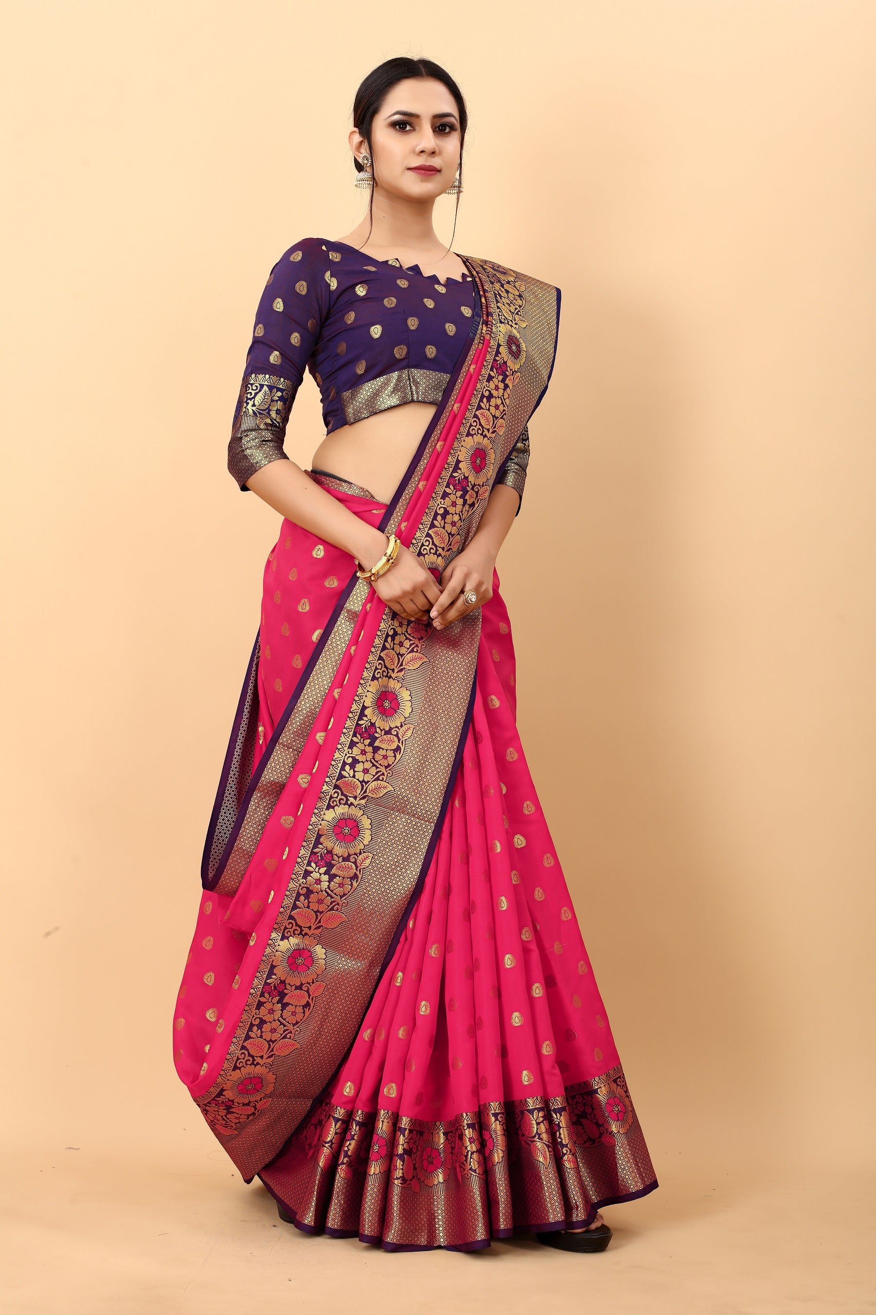 Vedant Vastram Soft Litchi Silk Kanjeevaram Saree - Pink