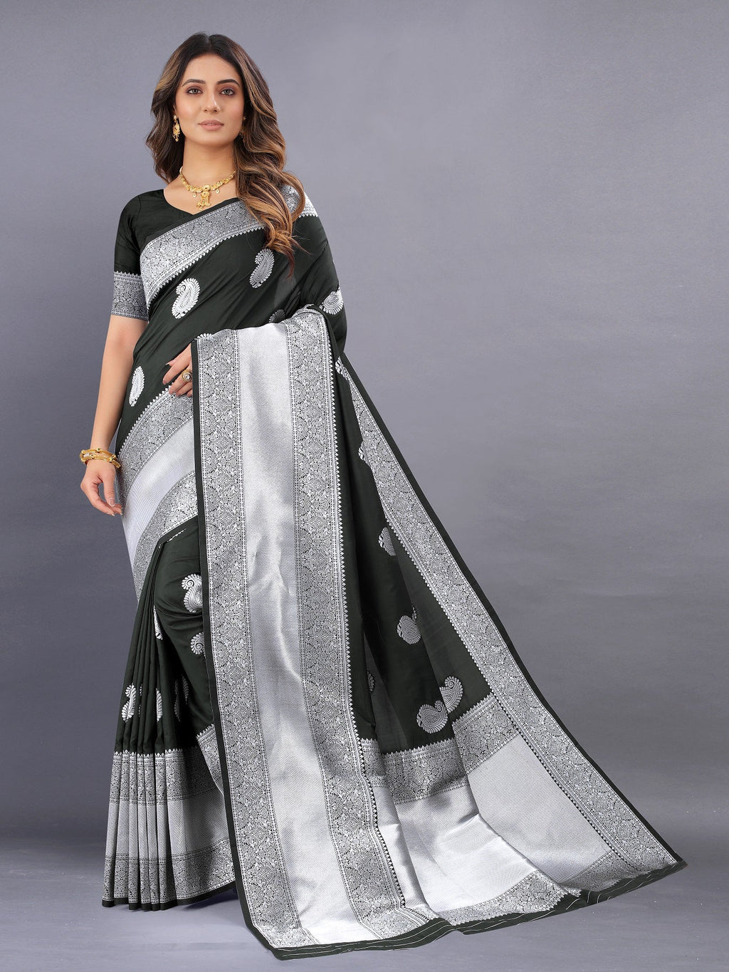 Vedant Vastram Soft Litchi Silk Banarasi Silk Saree - Black