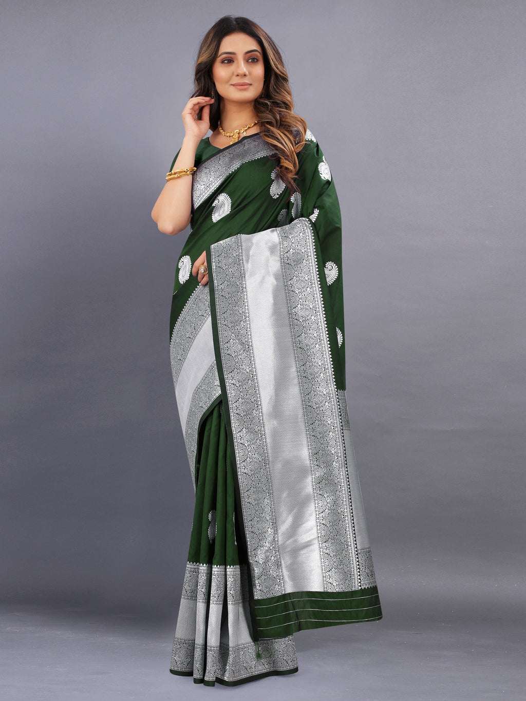 Vedant Vastram Soft Litchi Silk Banarasi Silk Saree - Mehndi