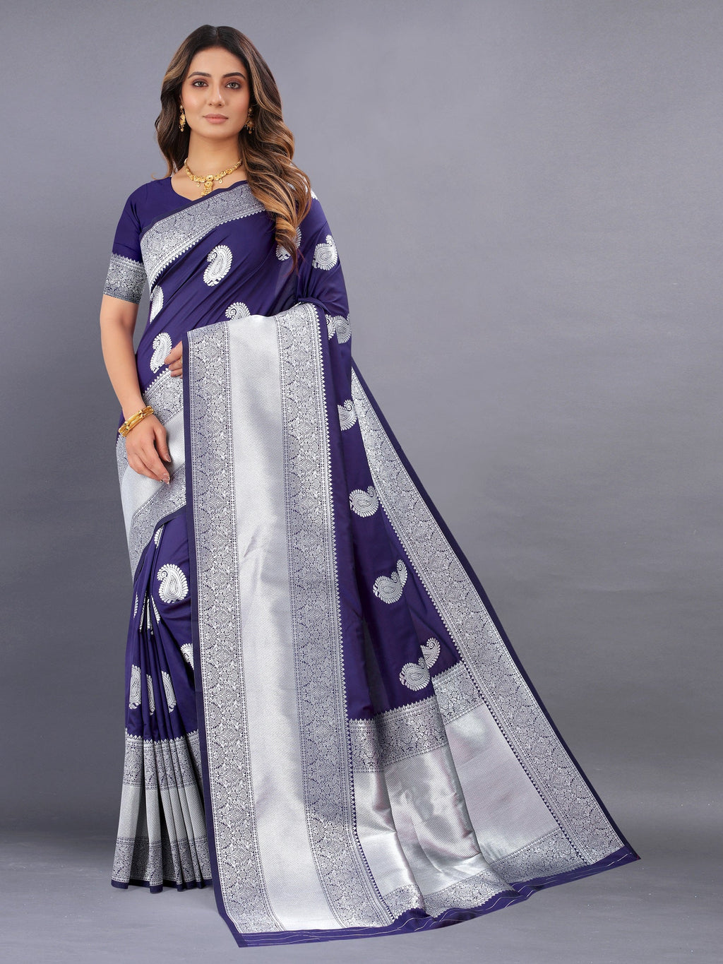 Vedant Vastram Soft Litchi Silk Banarasi Silk Saree - Navy